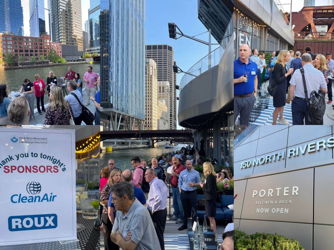 A collage from an evening networking event: a sponsors sign listing CleanAir and ROUX, guests gathered on a patio, and a Porter restaurant sign